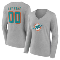 Miami Dolphins Women's Team Authentic Personalized Name & Number Long Sleeve V-Neck T-Shirt - Gray - NFL