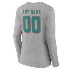 Miami Dolphins Women's Team Authentic Personalized Name & Number Long Sleeve V-Neck T-Shirt - Gray - NFL