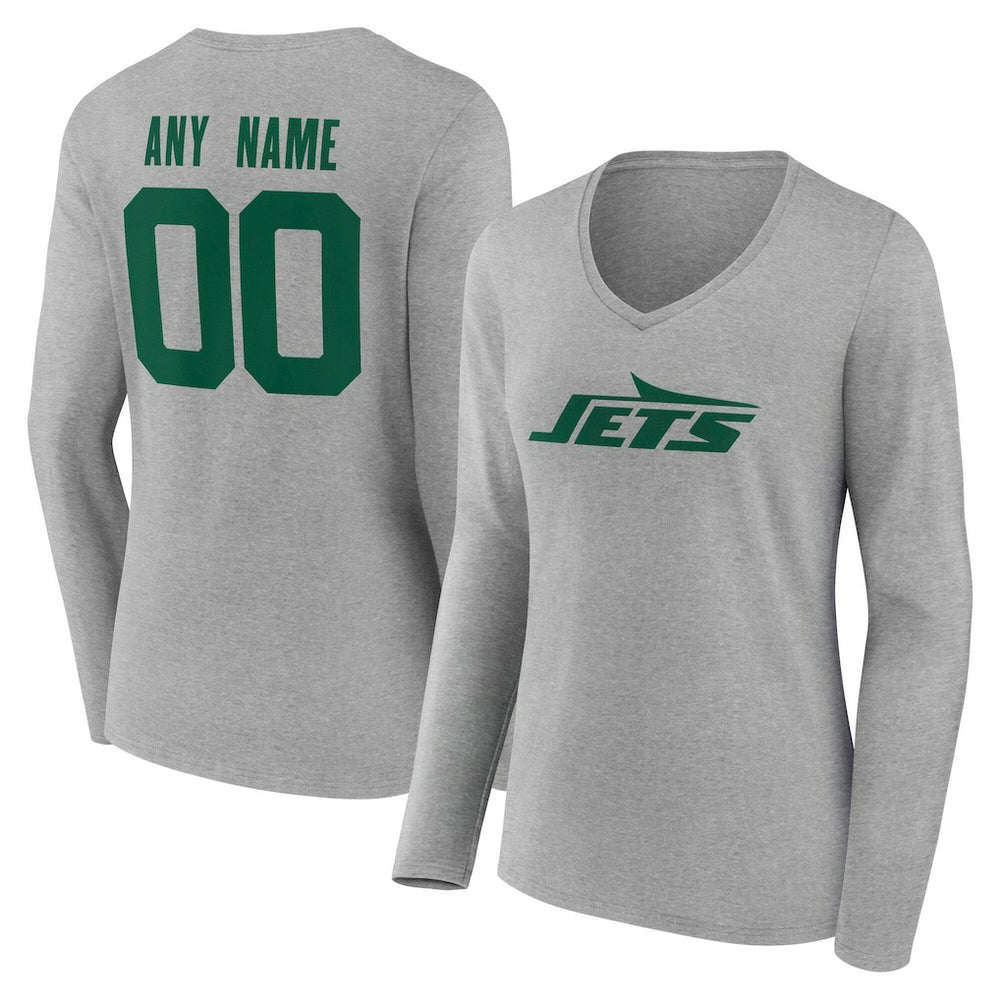 New York Jets Women's Team Authentic Personalized Name & Number Long Sleeve V-Neck T-Shirt - Gray - NFL