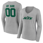 New York Jets Women's Team Authentic Personalized Name & Number Long Sleeve V-Neck T-Shirt - Gray - NFL