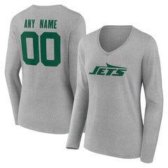 New York Jets Women's Team Authentic Personalized Name & Number Long Sleeve V-Neck T-Shirt - Gray - NFL