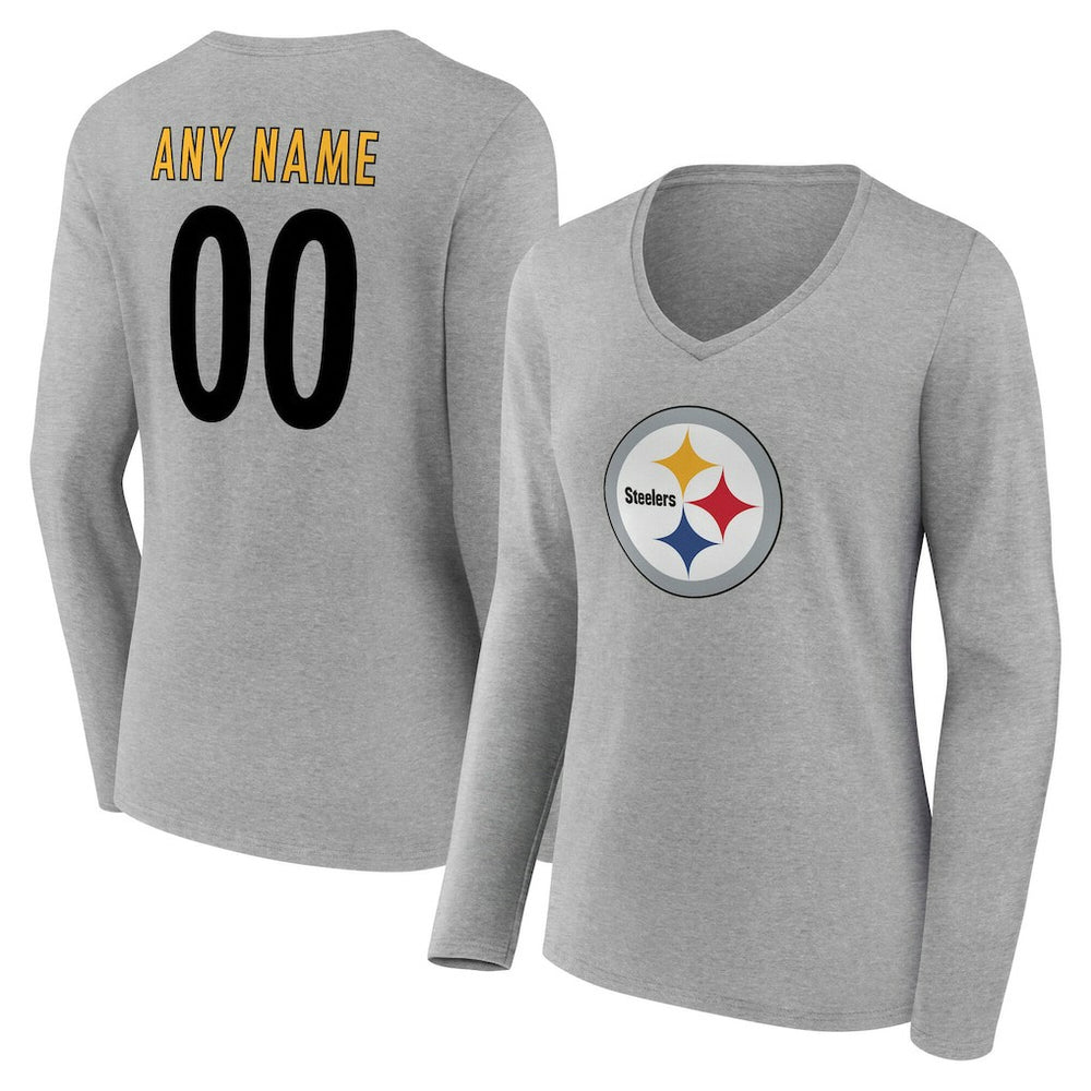 Pittsburgh Steelers Women's Team Authentic Personalized Name & Number Long Sleeve V-Neck T-Shirt - Gray - NFL