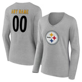 Pittsburgh Steelers Women's Team Authentic Personalized Name & Number Long Sleeve V-Neck T-Shirt - Gray - NFL