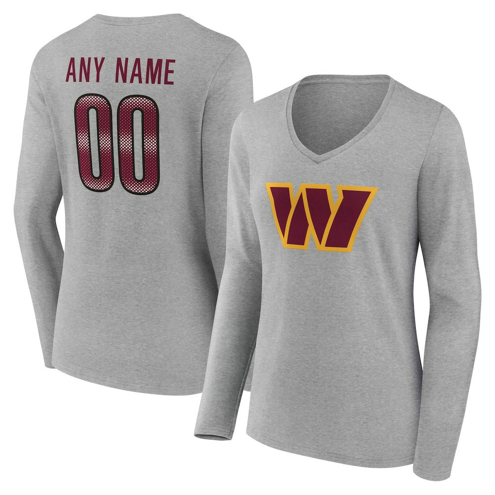 Washington Commanders Women's Team Authentic Personalized Name & Number Long Sleeve V-Neck T-Shirt - Gray - NFL