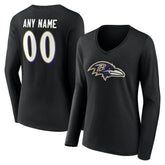 Baltimore Ravens Women's Team Authentic Personalized Name & Number Long Sleeve V-Neck T-Shirt - Black - NFL