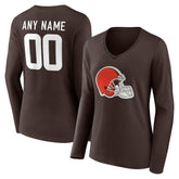 Cleveland Browns Women's Team Authentic Personalized Name & Number Long Sleeve V-Neck T-Shirt - Brown - NFL