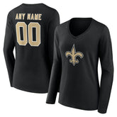 New Orleans Saints Women's Team Authentic Personalized Name & Number Long Sleeve V-Neck T-Shirt - Black - NFL