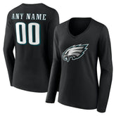 Philadelphia Eagles Women's Team Authentic Personalized Name & Number Long Sleeve V-Neck T-Shirt - Black - NFL