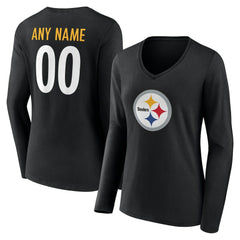 Pittsburgh Steelers Women's Team Authentic Personalized Name & Number Long Sleeve V-Neck T-Shirt - Black - NFL