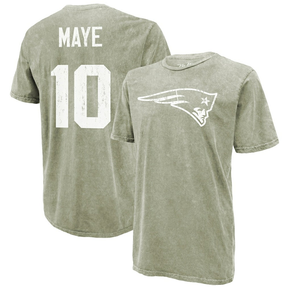 Drake Maye New England Patriots Majestic Threads Mineral Wash Name & Number T-Shirt - Moss Green - NFL