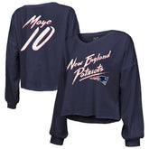 Drake Maye New England Patriots Majestic Threads Women's Off-Shoulder Script Name & Number V-Neck T-Shirt - Navy - NFL