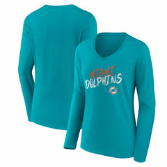 Miami Dolphins Women's Hustle Long Sleeve V-Neck T-Shirt - Aqua - NFL