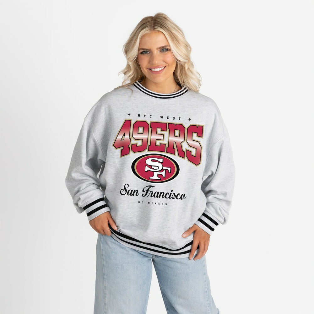 San Francisco 49ers Gameday Couture Women's Oversized Gridiron Drive Ringer Stripe Sweatshirt - Ash/Black - NFL