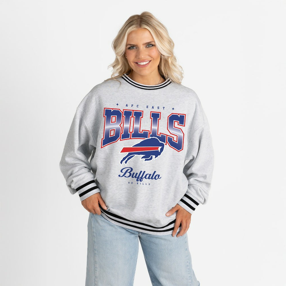 Buffalo Bills Gameday Couture Women's Oversized Gridiron Drive Ringer Stripe Sweatshirt - Ash/Black - NFL