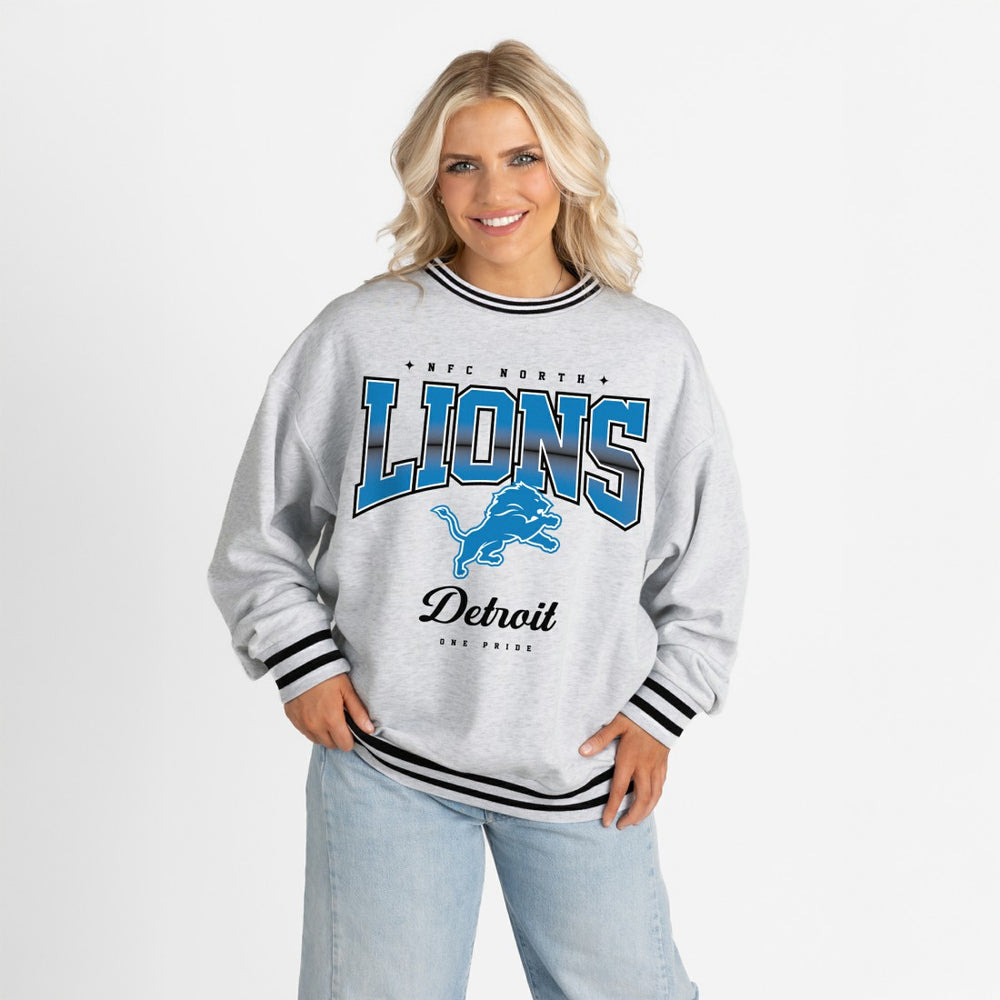 Detroit Lions Gameday Couture Women's Oversized Gridiron Drive Ringer Stripe Sweatshirt - Ash/Black - NFL