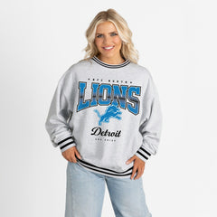 Detroit Lions Gameday Couture Women's Oversized Gridiron Drive Ringer Stripe Sweatshirt - Ash/Black - NFL