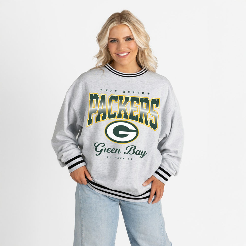 Green Bay Packers Gameday Couture Women's Oversized Gridiron Drive Ringer Stripe Sweatshirt - Ash/Black - NFL