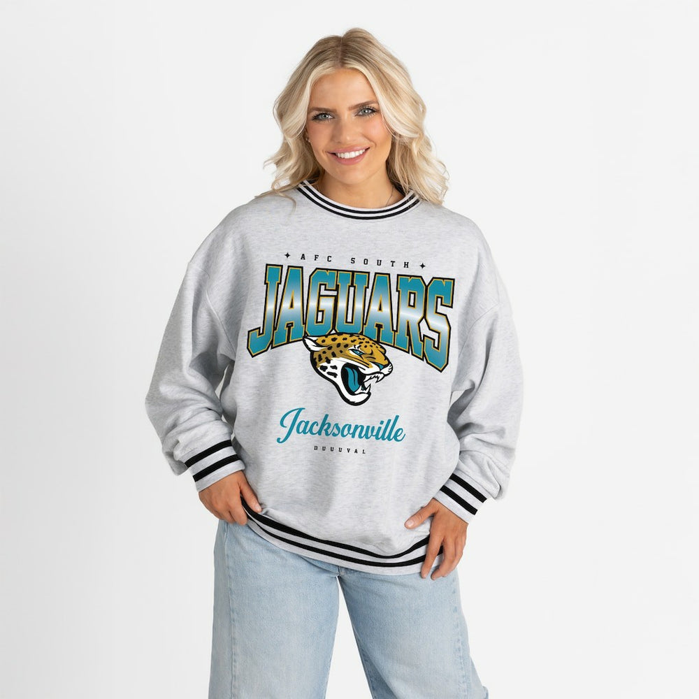 Jacksonville Jaguars Gameday Couture Women's Oversized Gridiron Drive Ringer Stripe Sweatshirt - Ash/Black - NFL