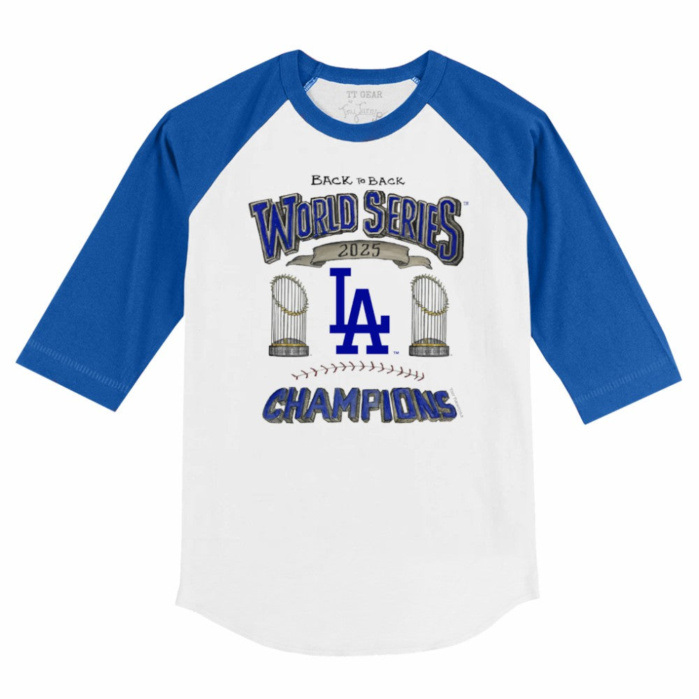Los Angeles Dodgers Tiny Turnip Youth 2025 World Series Champions 3/4-Sleeve Raglan Baseball T-Shirt Sale