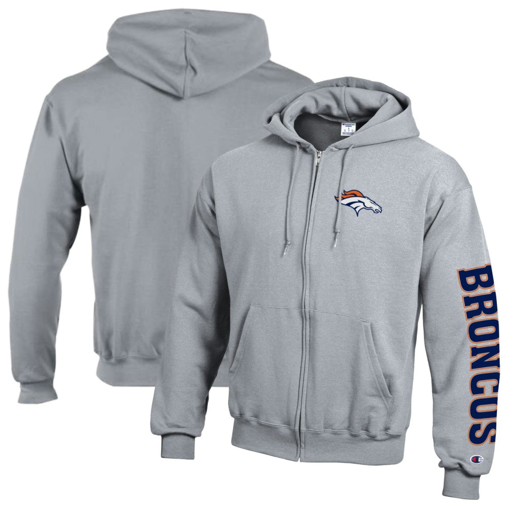 Denver Broncos Champion Powerblend Fleece Full-Zip Hoodie - Heather Gray - NFL