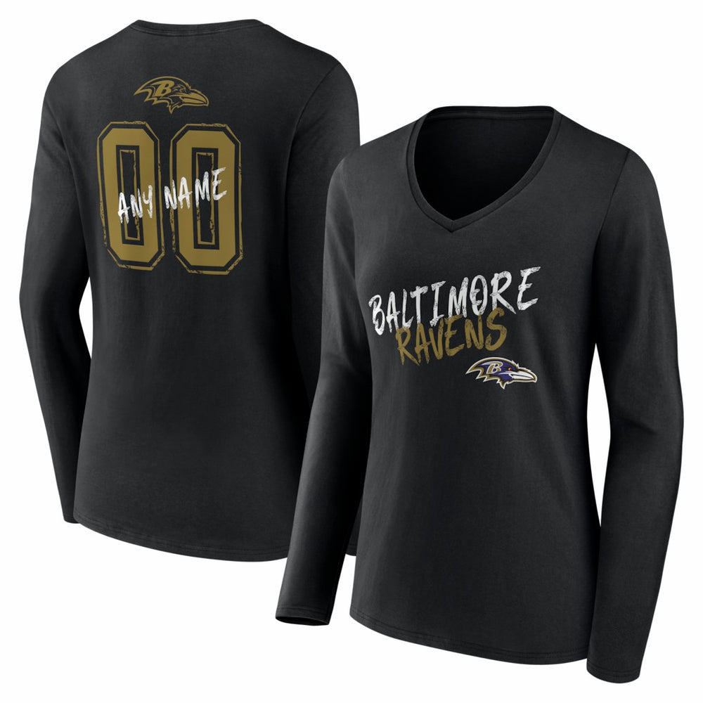 Baltimore Ravens Women's Hustle Personalized Name & Number Long Sleeve V-Neck T-Shirt - Black - NFL