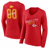 Kansas City Chiefs Women's Hustle Personalized Name & Number Long Sleeve V-Neck T-Shirt - Red - NFL