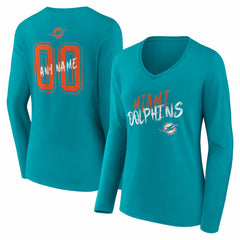 Miami Dolphins Women's Hustle Personalized Name & Number Long Sleeve V-Neck T-Shirt - Aqua - NFL
