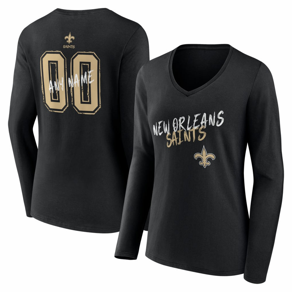 New Orleans Saints Women's Hustle Personalized Name & Number Long Sleeve V-Neck T-Shirt - Black - NFL