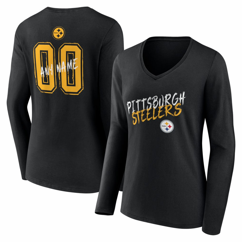 Pittsburgh Steelers Women's Hustle Personalized Name & Number Long Sleeve V-Neck T-Shirt - Black - NFL