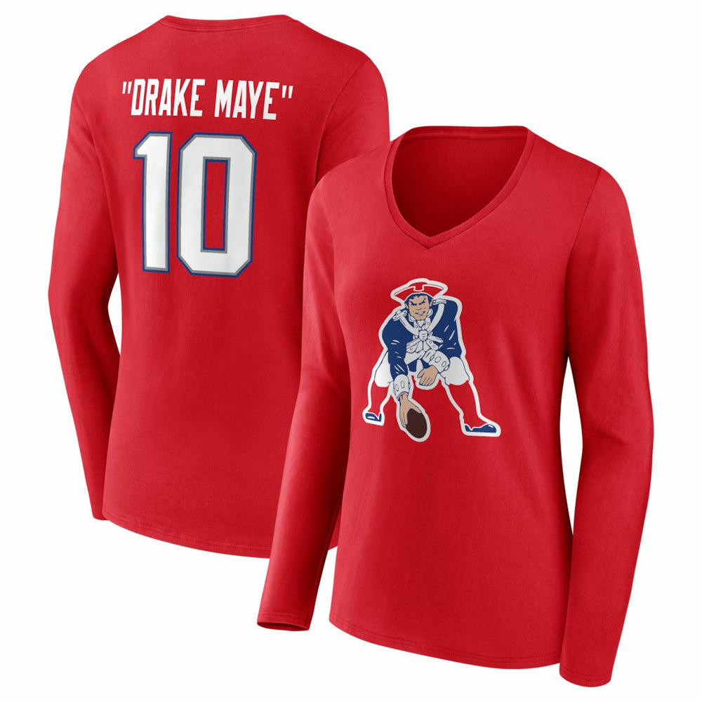 Drake Maye New England Patriots Women's Nickname V-Neck Long Sleeve T-Shirt - Red - NFL