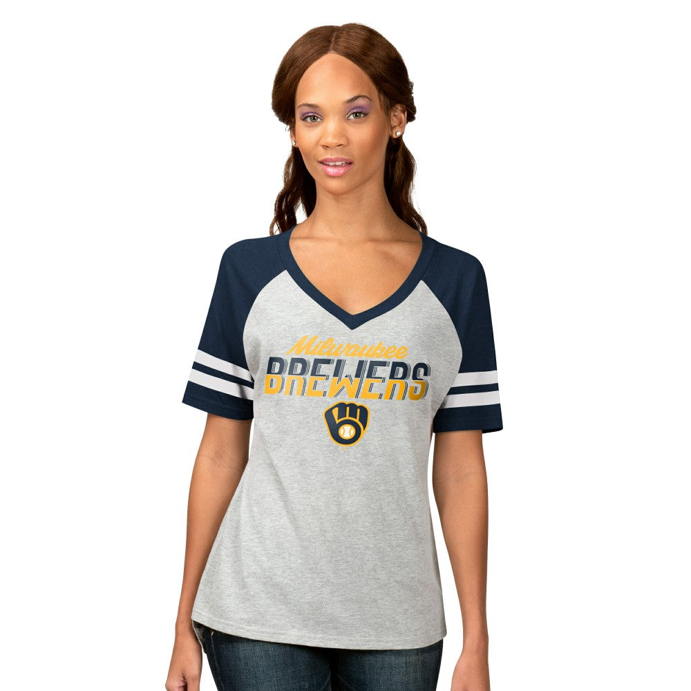 Milwaukee Brewers G-III 4Her by Carl Banks Women's Goal Line Raglan V-Neck T-Shirt Sale