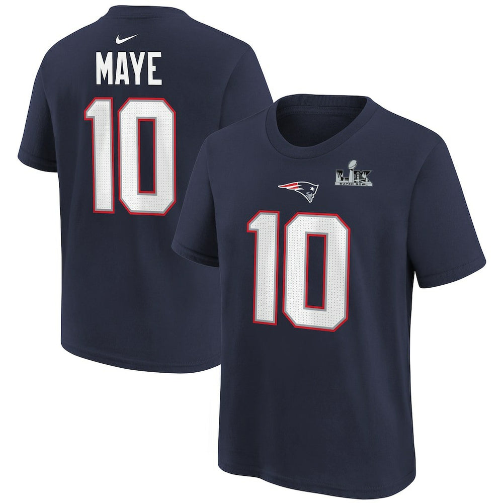 Drake Maye New England Patriots Youth Super Bowl LX Patch Name & Number T-Shirt - Navy - Nike
