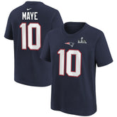 Drake Maye New England Patriots Youth Super Bowl LX Patch Name & Number T-Shirt - Navy - Nike