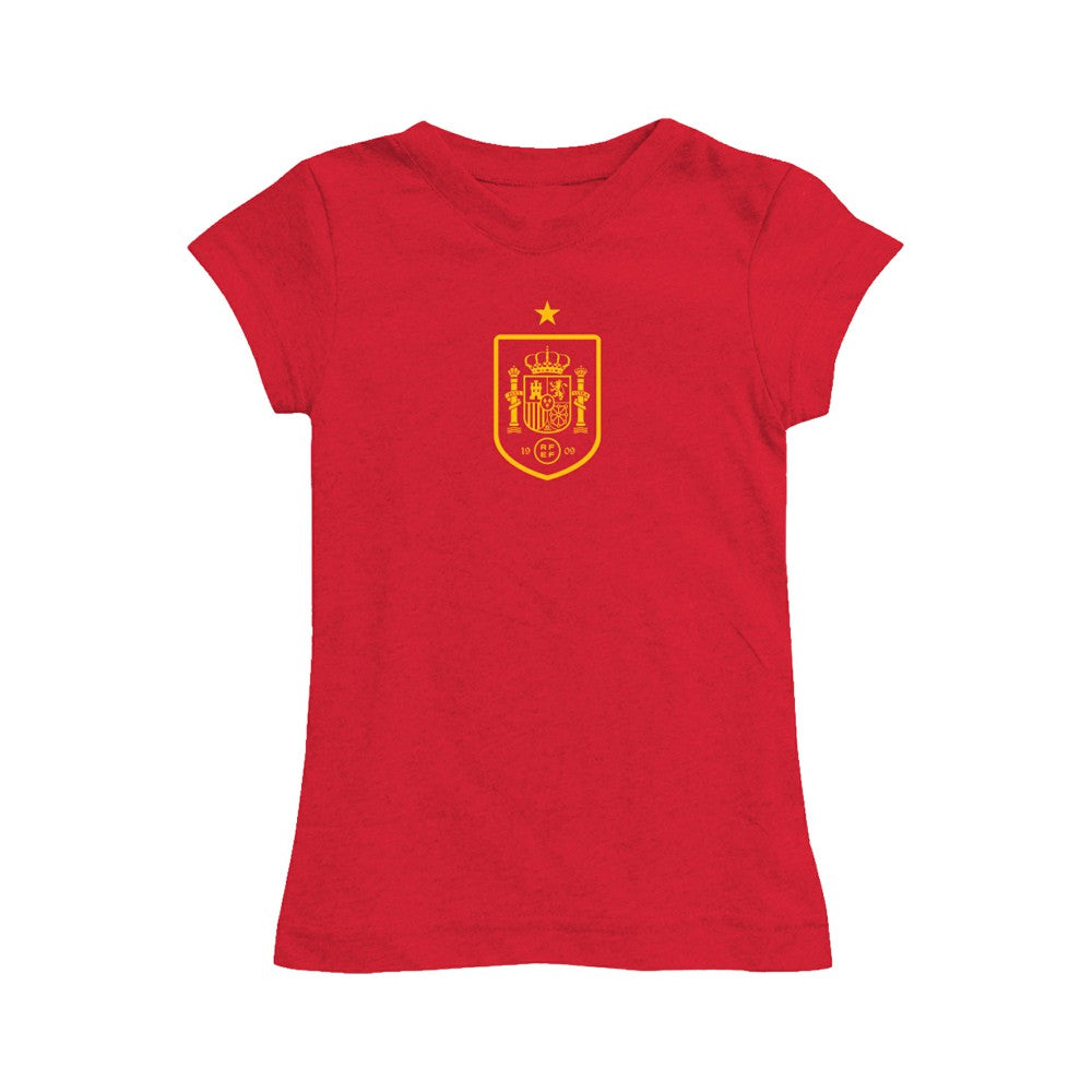 Spain National Team Vive La Fete Girls Youth Color Badge Fitted T-Shirt Red