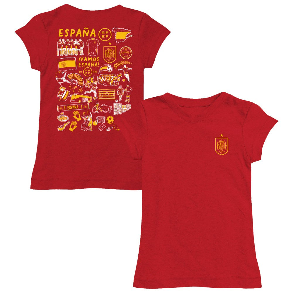 Spain National Team Vive La Fete Girls Youth Impressions Artwork Fitted T-Shirt Red