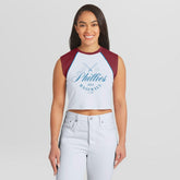 Philadelphia Phillies WEAR by Erin Andrews Women's Cooperstown Cropped Raglan Tank Top Discount