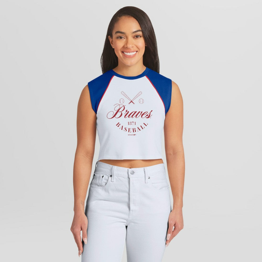 Atlanta Braves WEAR by Erin Andrews Women's Cooperstown Cropped Raglan Tank Top for sale
