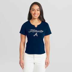 Atlanta Braves WEAR by Erin Andrews Women's Notch Neck Cropped T-Shirt Discount