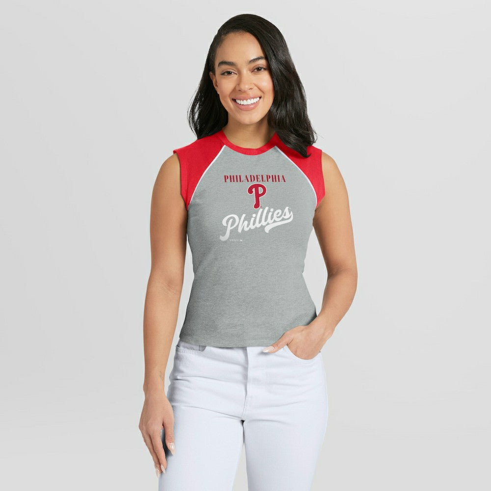 Philadelphia Phillies WEAR by Erin Andrews Women's Cropped Raglan Tank Top Sale