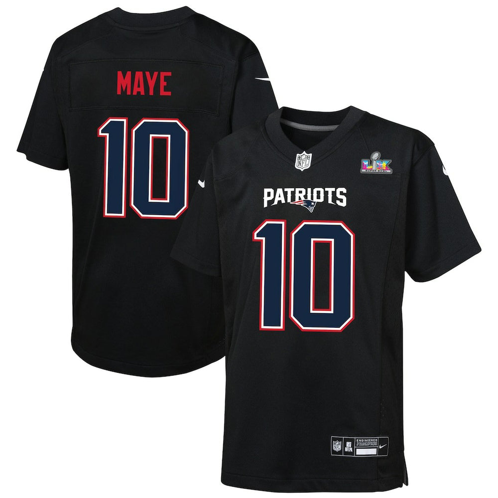 Drake Maye New England Patriots Youth Super Bowl LX Patch Carbon Fashion Game Jersey - Black - Nike