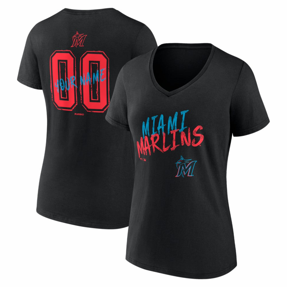Miami Marlins Women's Hustle Personalized Name & Number V-Neck T-Shirt Sale