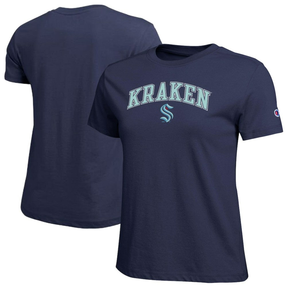 Seattle Kraken Champion Women's Arch Mascot Logo T-Shirt - Navy | NHL discount