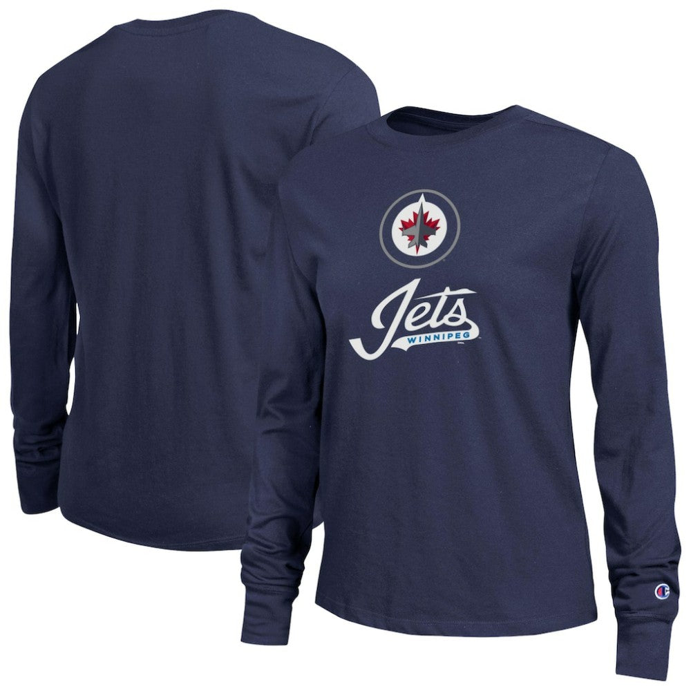 Winnipeg Jets Champion Women's Wordmark Lockup Long Sleeve T-Shirt - Navy | NHL discount