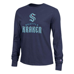 Seattle Kraken Champion Women's Wordmark Lockup Long Sleeve T-Shirt - Navy | NHL Lifestyle