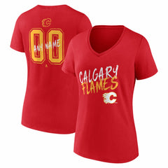 Calgary Flames Women's Hustle Personalized Name & Number V-Neck T-Shirt - Red | NHL Lifestyle