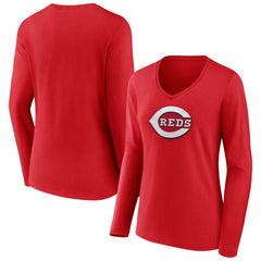 Cincinnati Reds Women's Team Color Primary Logo V-Neck Long Sleeve T-Shirt Online