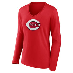 Cincinnati Reds Women's Team Color Primary Logo V-Neck Long Sleeve T-Shirt Online