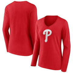 Philadelphia Phillies Women's Team Color Primary Logo V-Neck Long Sleeve T-Shirt Outlet
