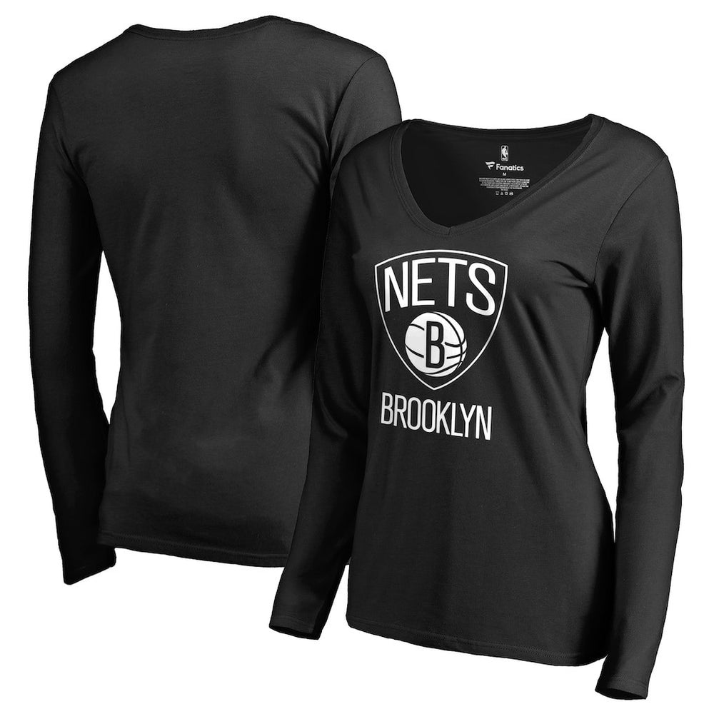 Brooklyn Nets Women's Primary Logo V-Neck Long Sleeve T-Shirt Black