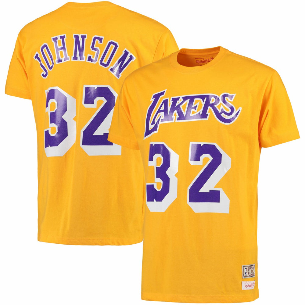 Mitchell & Ness Magic Johnson Los Angeles Lakers Hardwood Classics Retro Name & Number T-Shirt Gold